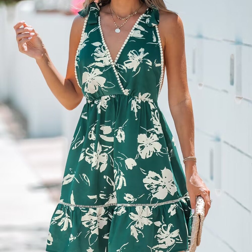 Cupshe Floral Print Pom Pom Mini Dress Size XS |NWT